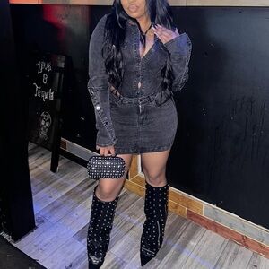 Black Denim Jacket and Skirt Set